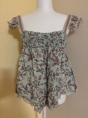 Free People Sage Green Floral Smocked Camisole XS